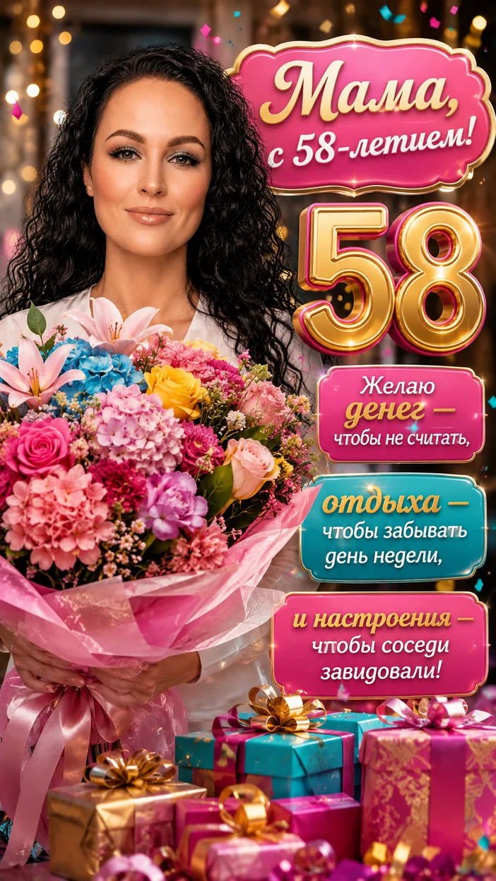 Фотооткрытка маме на 58 лет с поздравлением "Мама, с 58-летием!"