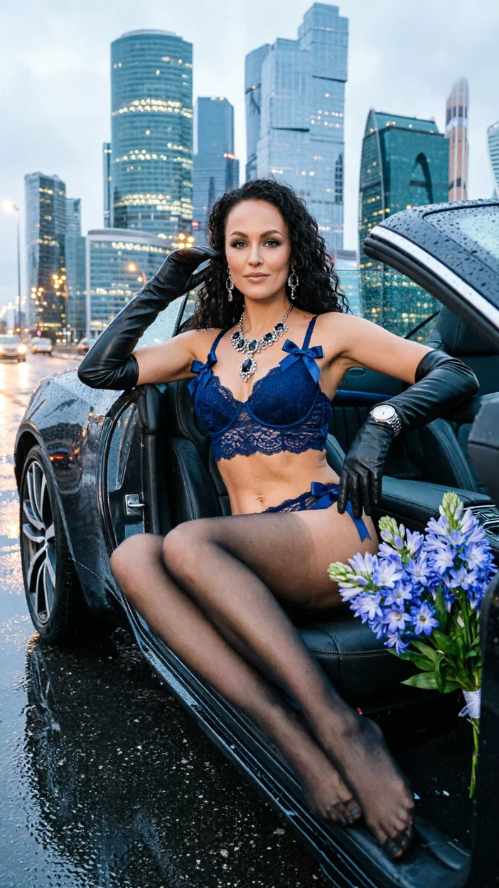 Фотосессия у небоскрёба в тёмно-синем кружевном комплекте