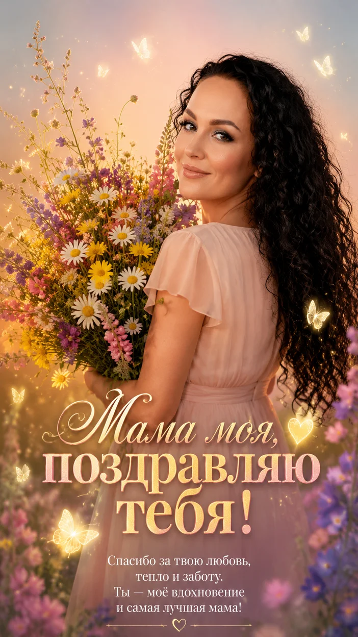 Фотосессия мама со спины с букетом и бабочками — сказочная открытка