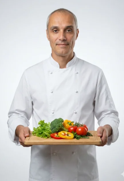 Шеф-повар в белом кителе держит деревянную доску с овощами