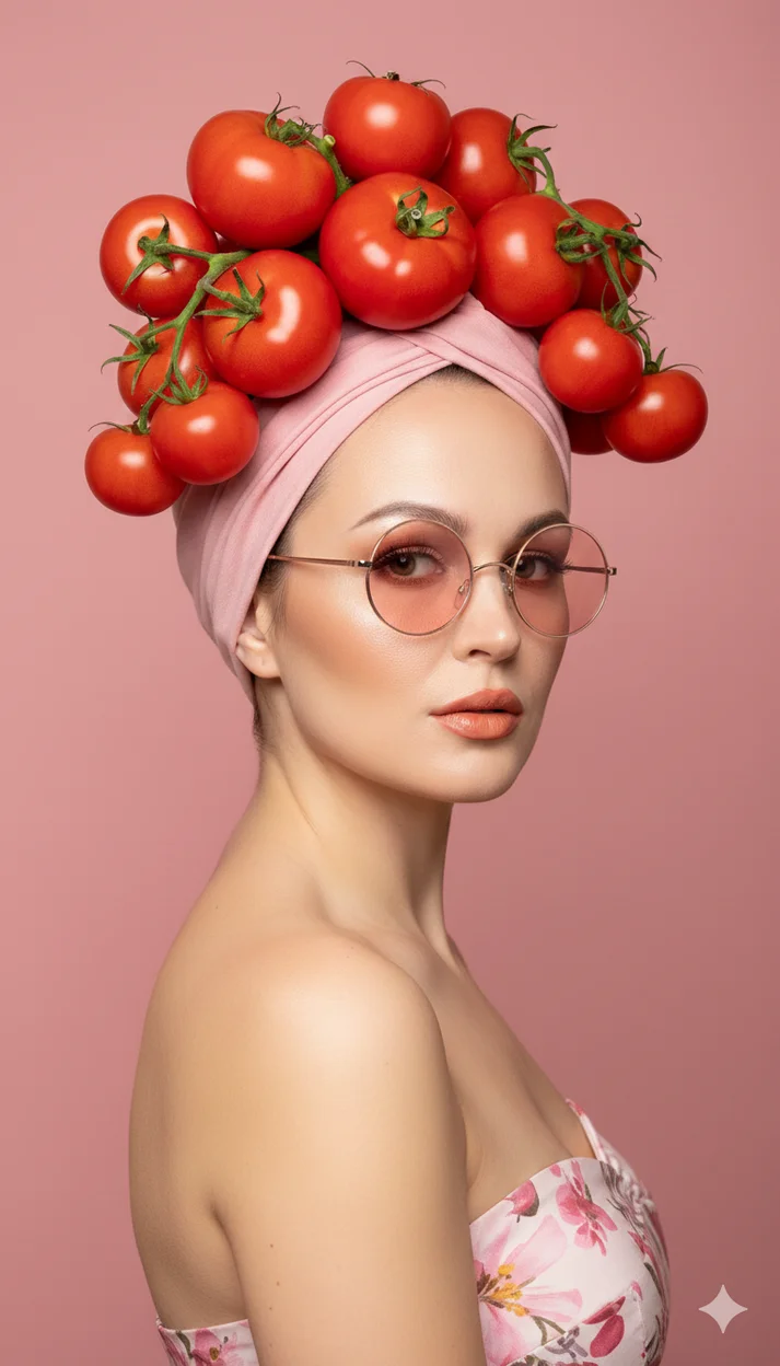 Девушка в розовом тюрбане с томатной композицией 