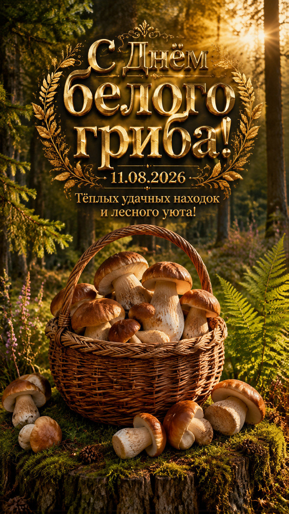 День белого гриба — 11.08.2026 — лесная корзина и утренний туман