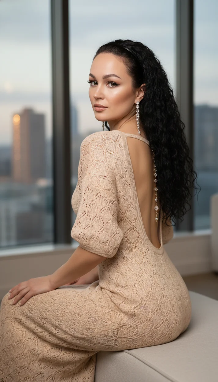  Девушка в интерьере в вязаном платье с открытой спиной