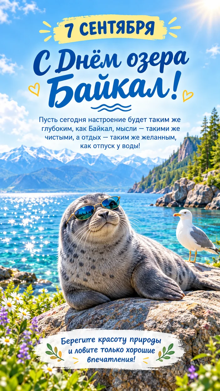 Фотосессия открытка к Дню озера Байкал с милицейской нерпой в стиле travel-poster