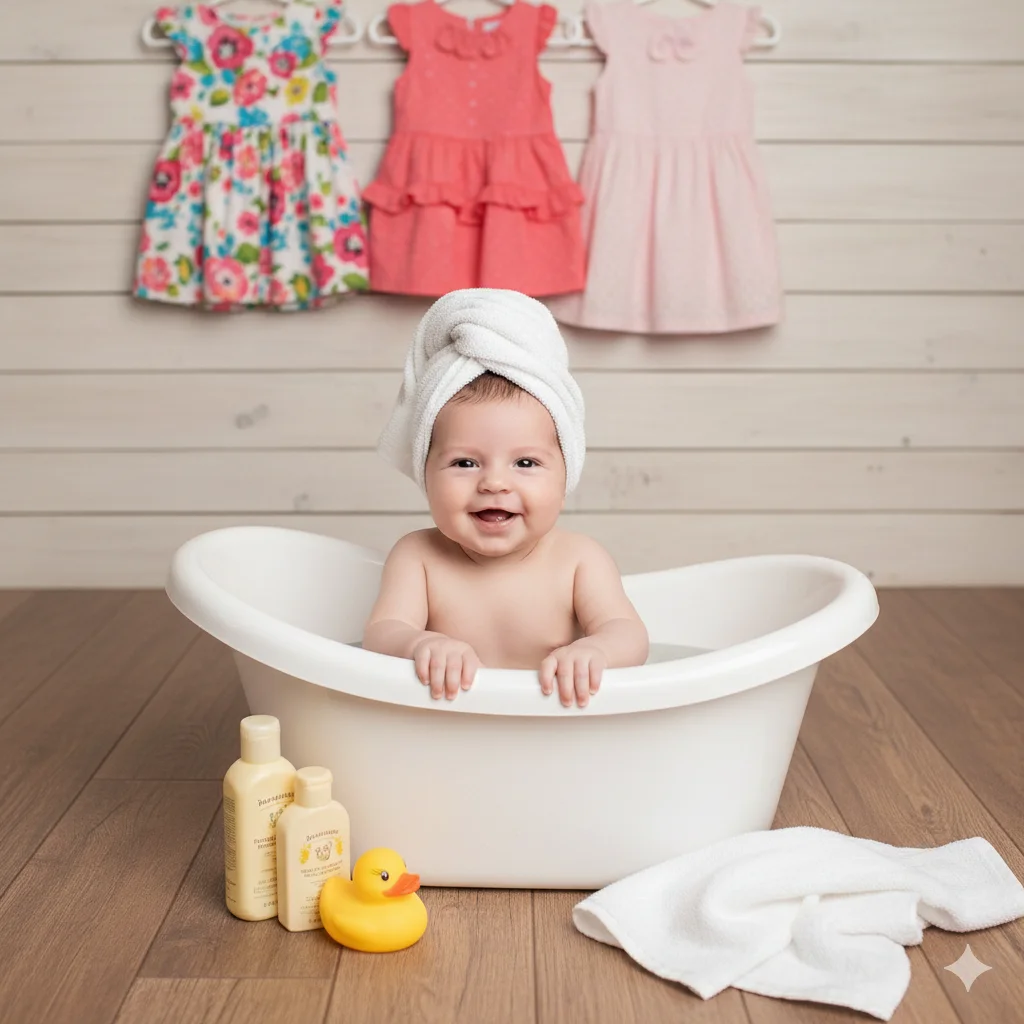 Малыш в ванне с полотенцем на голове купается в винтажной комнате