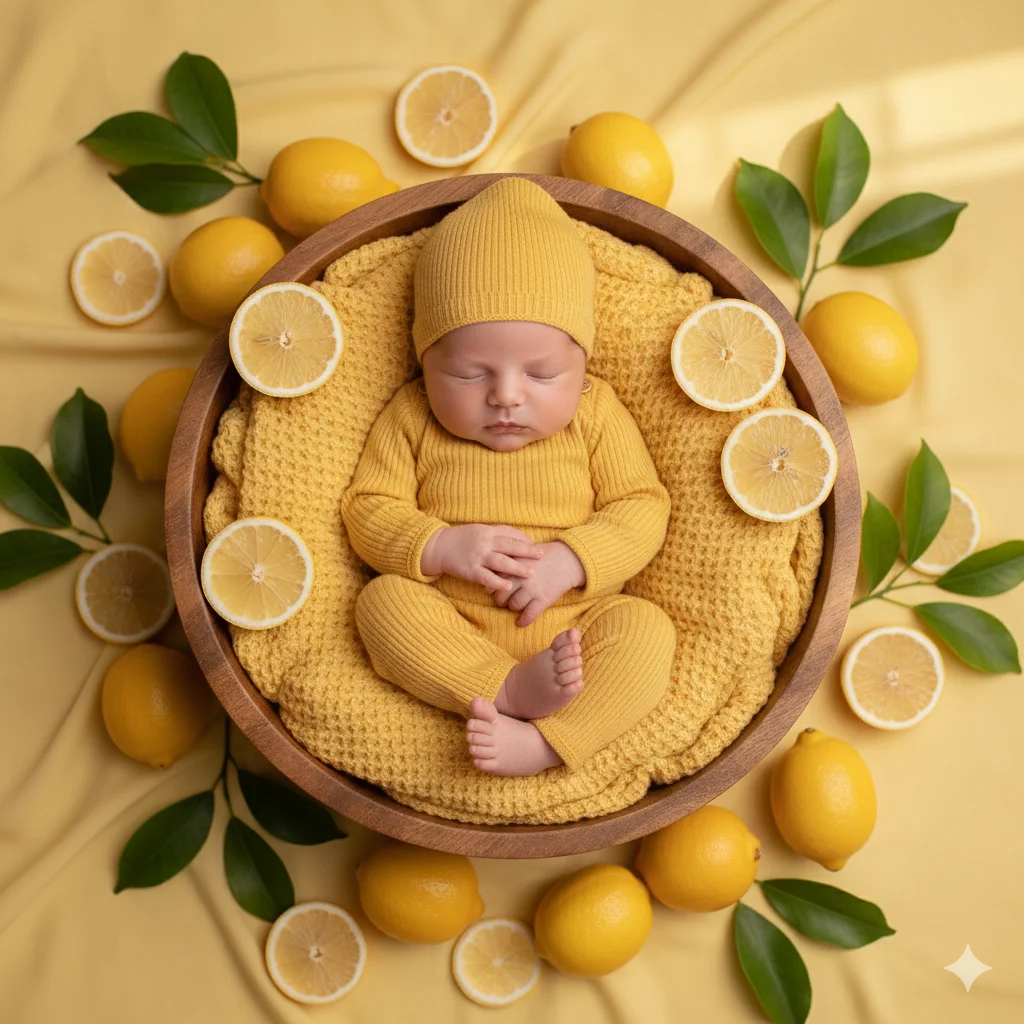 Малыш спит в круглой деревянной миске/чаше, внутри мягкий вязаный жёлтый плед с фактурной текстурой