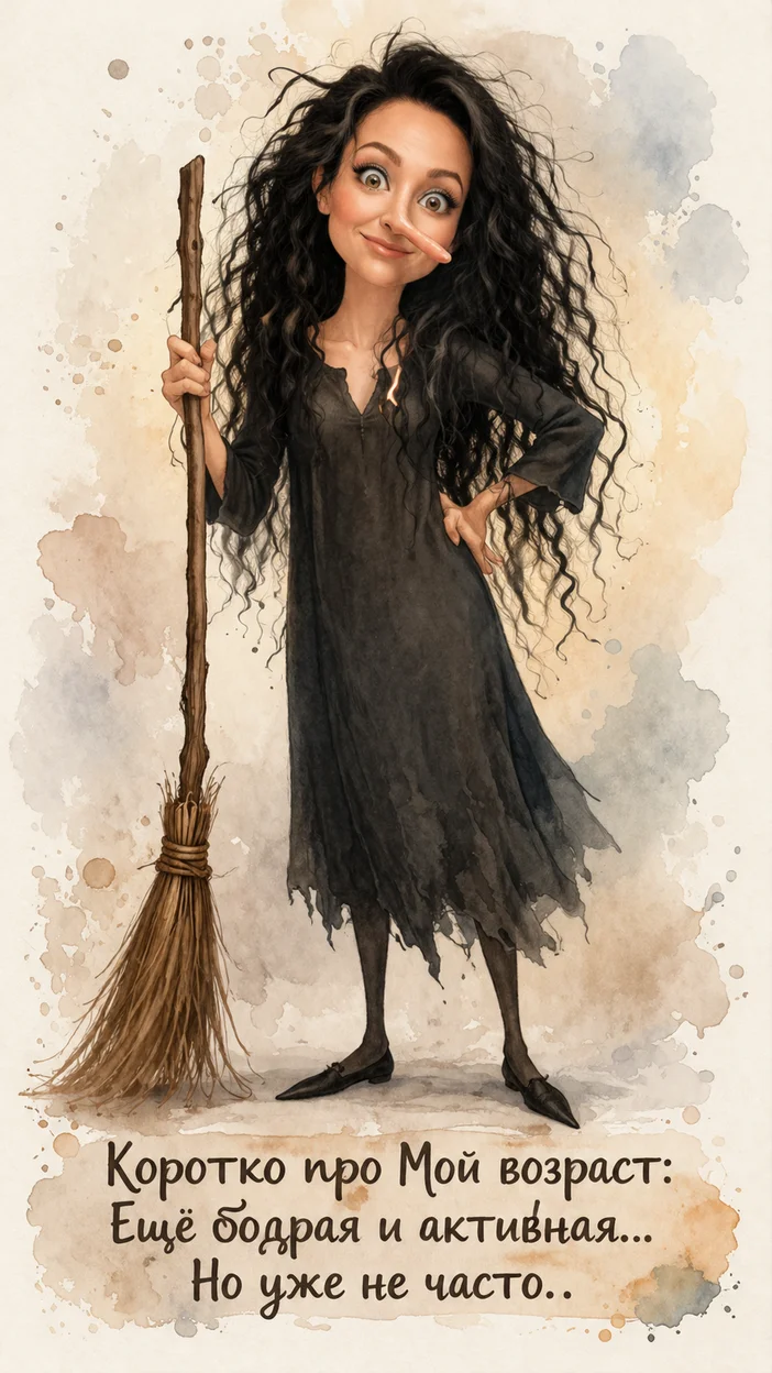 Фотосессия акварельной ведьмочки с метлой и текстом внизу