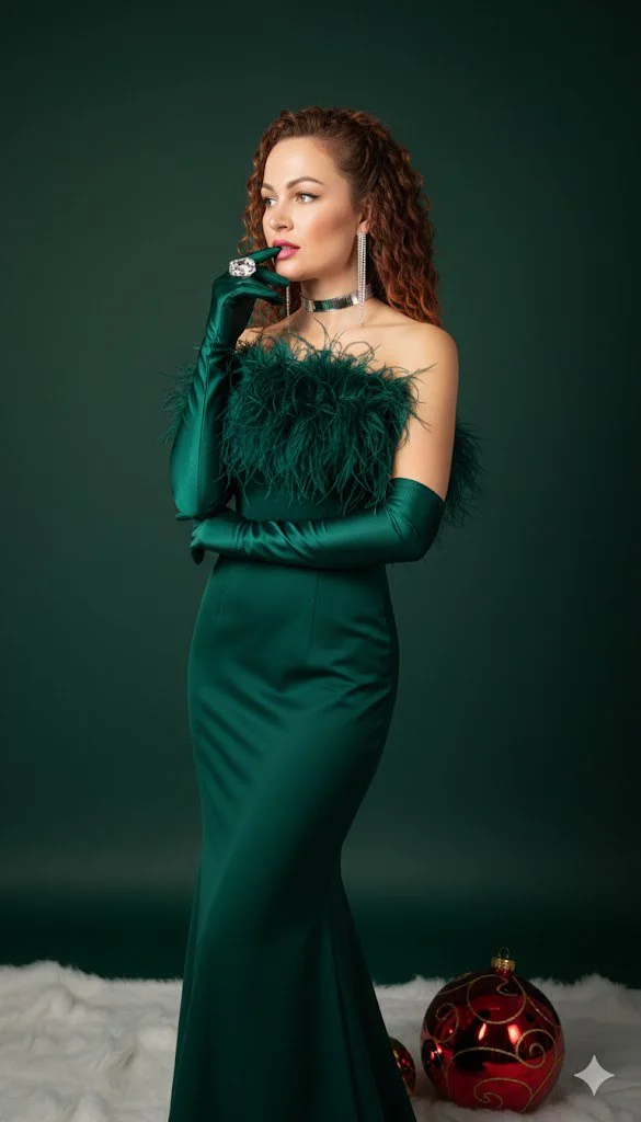 Изумрудная элегантность: перья и атлас